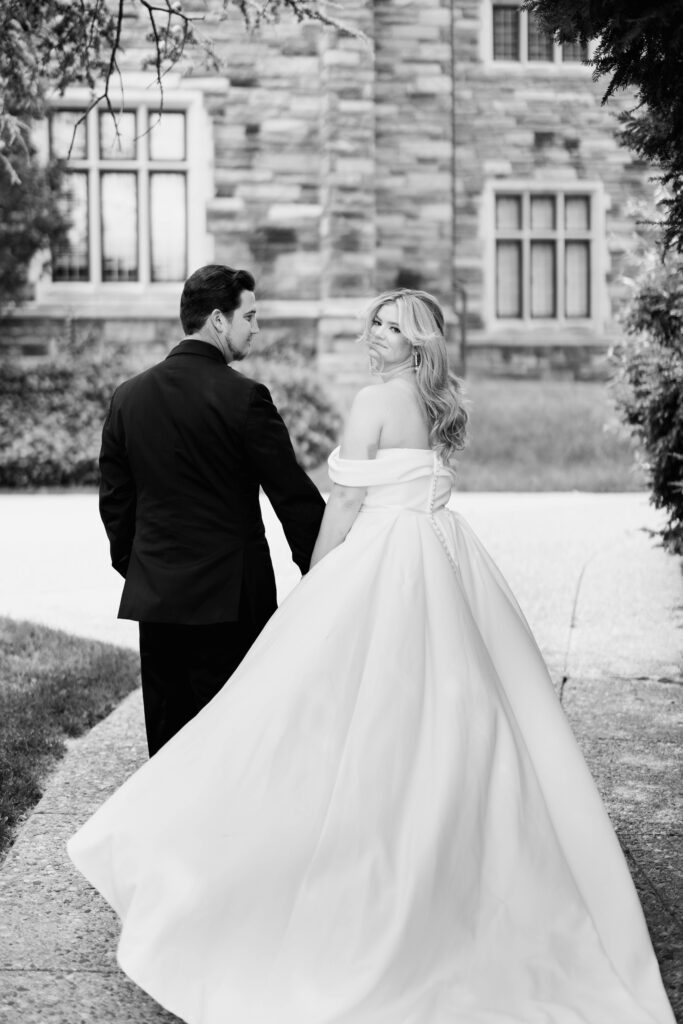 bride and groom in black and white